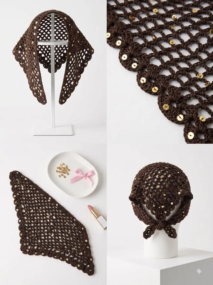El Yapımı Altın Pul Detaylı Kahverengi Tığ İşi Bandana &amp; Fular